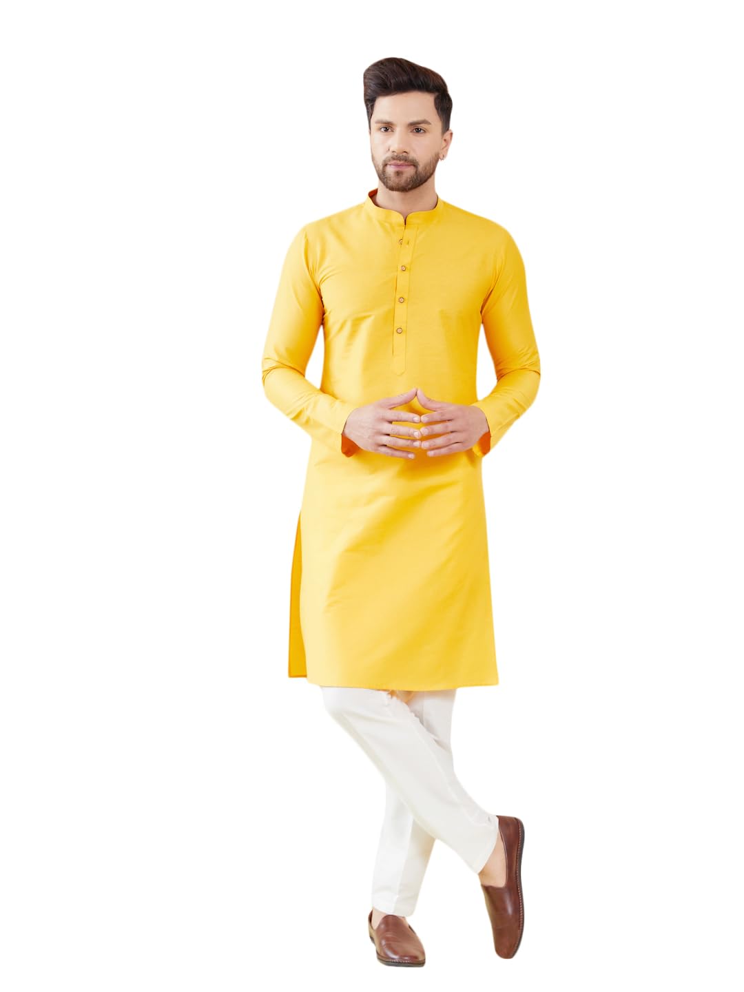 See Designs Men Long Sleeve Side Slit Mandarin Collar Yellow Cotton Solid Straight Kurta - Sdkt2483Xxl