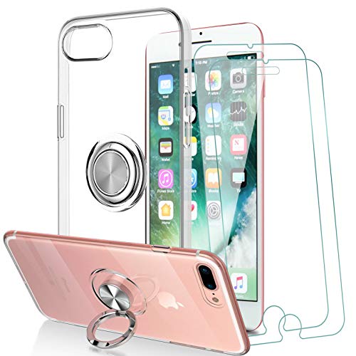 KEEPXYZ Funda para iPhone 7 Plus/iPhone 8 Plus + 2 Pcs Protector de Pantalla Cristal Templado, Silicona Transparente TPU 360 Anillo Iman Soporte Bumper Carcasa + Vidrio Templado para iPhone 7/8 Plus