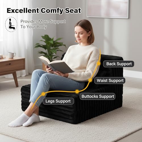 Image of Tiita Folding Sofa Bed Convertible Sleeper Chair Mattress with Pillow & Side Pocket, Thick Corduroy Floor Mattress Couch Bed, Single Size, Black