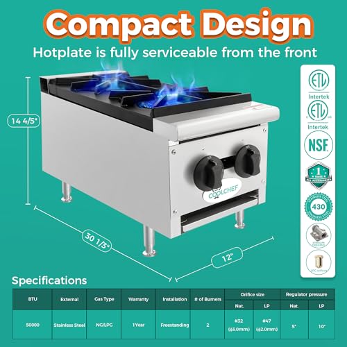 Image of 12-Inch 2-Burner 50000 Total BTU Hot Plate, Commercial Gas Stove - Heavy Duty Propane & Natural Gas - Countertop Cooking Burner Stainless Steel Construction