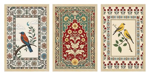 ArtX Paper Madhubani Paintings with Frame for Home Decor Wall Art, Wall Paintings for Living Room, Multicolor, Natural Wood Color Frames, 12.0x18.0 inch, Set of 3