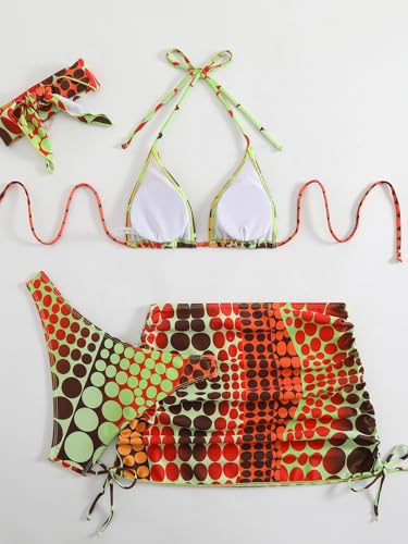 SEGT Women's 4 Piece Polka Dots Bikini Sets Halter Triangle Swimsuits with Mesh Cover Up Skirt and Scarf2