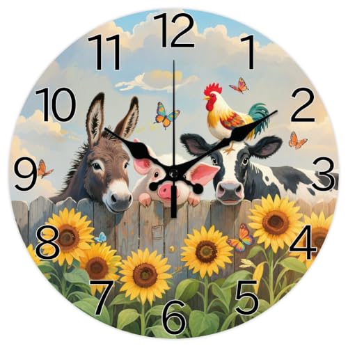CHGCRAFT Horloge Murale Ronde à Motif de Ferme 12(5) cm sans Tic Tac Motif Vaches et Cochons à Piles pour Chambre Salon Cuisine Bureau