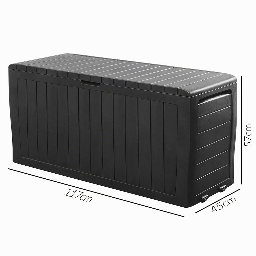 Deuba Baúl de Almacenaje Exterior 270L con Ruedas Impermeable Antracita | 117x45x57cm, Polipropileno, Resistente UV, Efecto Madera, 3 Asas, Cerradura, Garaje, Jardín, Patio, Terraza, Balcón, Interior