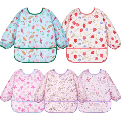 Image of Lictin Long Sleeve Bibs 5 Pack - Baby Bibs, Waterproof Toddler Bibs, Baby Smock for Eating, Baby Bibs for Feeding Teething