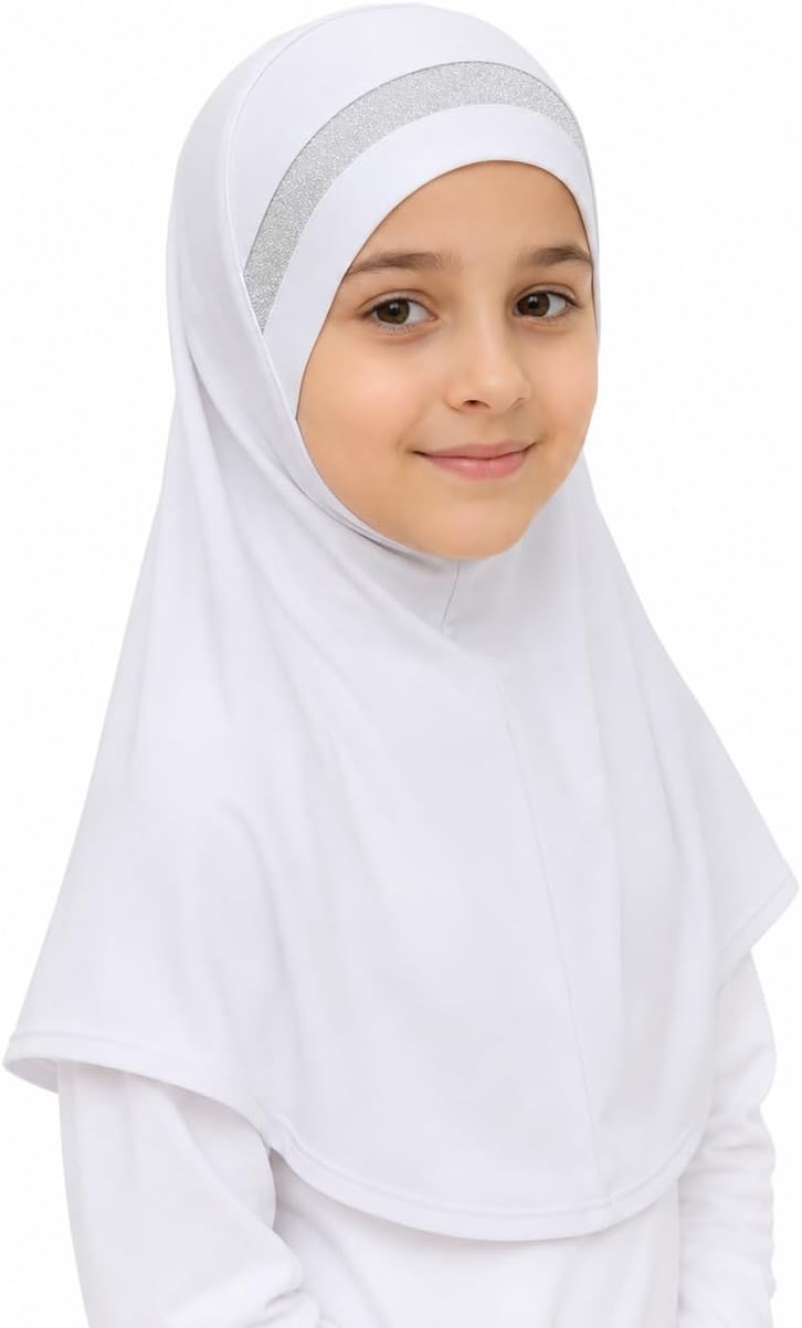 Girls instant headscarf hijab al Amira with glitter borde, readymade pull on scarf, ideal for any occassion school/nursery