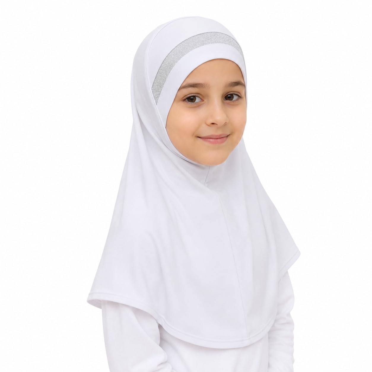 Yaqeen Girls instant headscarf hijab al Amira with glitter borde, readymade pull on scarf, ideal for any occassion school/nursery (White)