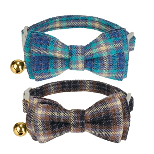 Ewinoom 2 Pack Soft Cotton Cat Collars with Bowtie and Bell Breakaway Plaid Cat Kitten Collar(Ocean Blue and Mocha Tweed)