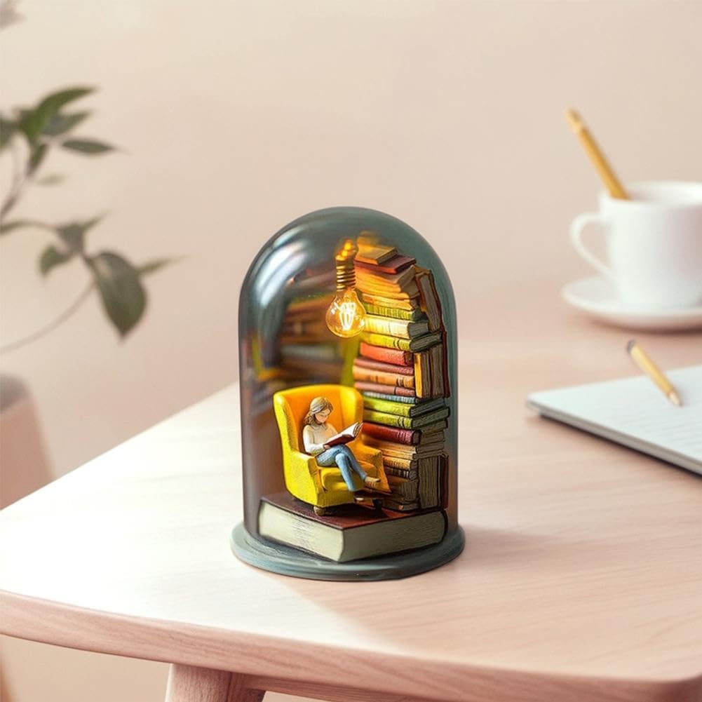 Reader Night Light, Tiny Bookshelf Library Statue Light for Desktop Decoration Lamp, Your Late-Night Reading Lamp, Cute Dome Decor Gifts for Book Lovers & Bedroom Ambience