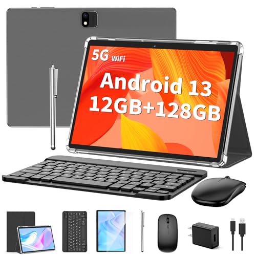 Android Tablet with Keyboard, Android 13 Tablet, 12GB+128GB, 1TB Expand, 2 in 1 Tablet, 10 inch Tablet with Case, Mouse, Stylus, 8000mAh Battery, 2.4G/5G WiFi, GPS, Google Certified Tablet PC, Black