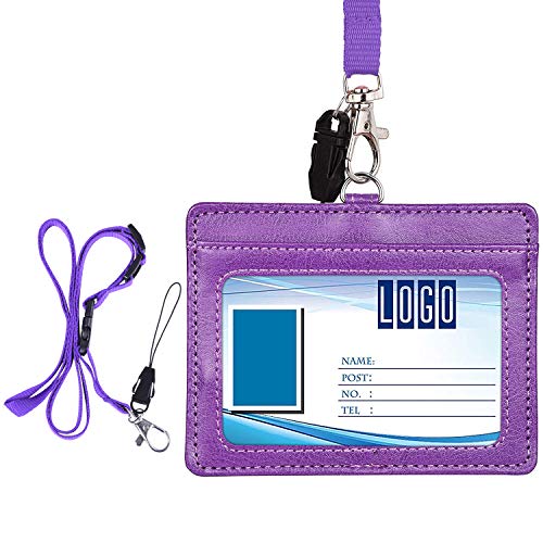 Wisdompro Ausweishalter Leder mit Schlüsselband, Abnehmbarer Schlüsselband Lang Ausweishülle mit Schlüsselanhänger Clip Haken, Violett (Horizontal) Cover