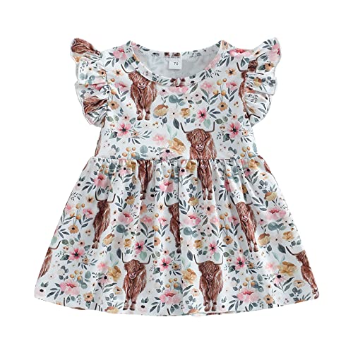Toddler Baby Girl Western Dress Cow Print Ruffle Sleeve Dress Highland A-line One Piece Dresses Cowgirl Summer Outfit