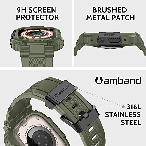 Image of amBand Bands Case Screen Protector Compatible with Apple Watch Ultra 3 /2 /1 49mm, M1 Sport Series Rugged Cover Strap and 9H Tempered Glass Film, Protective Bumper for iWatch 49 mm Men Army Green