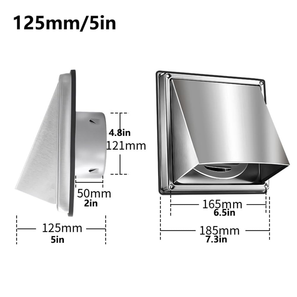 Rejilla de Ventilación de 100/125/150 mm, Campana de Ventilación de Acero Inoxidable con Junta de Estanqueidad, Mosquitera Integrada, para Pared de Vivienda, Fácil de Instalar