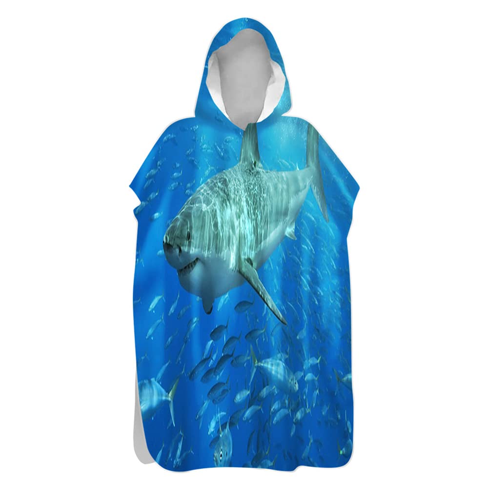 DOTBUY Hooded Poncho Towel for Kids Adults Changing Robe - 3D Dolphin Printed Microfiber Quick Dry Lightweight Men Women Beach Swim Surf Poncho (Shark,75x145cm)
