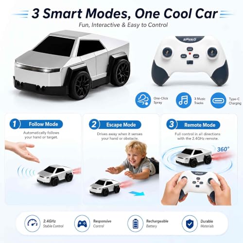 Image of PLUSPOINT 2.4GHz RC Drift Car with Spray Effect | Rechargeable Remote Control Racing Cybertruck Car with LED Lights, Smart Follow & Escape Modes | Mini Drift Vehicle Toy for Kids Age 3+