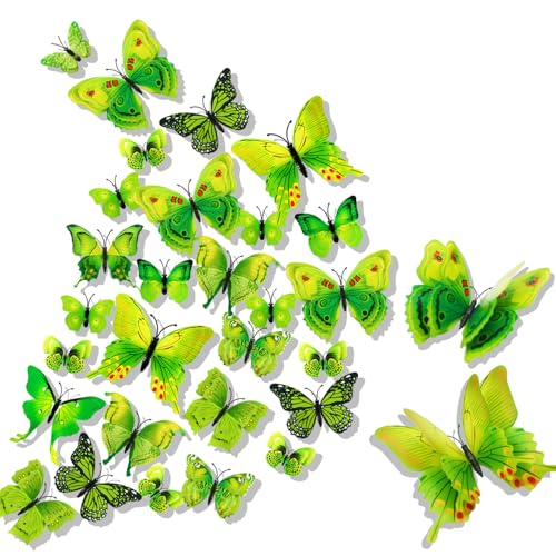 3D Papillon Stickers Muraux pour décoration 24PCS de Maison Autocollants Muraux de Papillons 3D Sticker Mural bricolage papillon amovible Réutilisable Pour chambre Salon vert