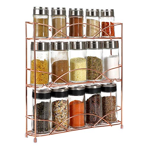 Vinsani Spice Rack 3 Tiers - Kitchen Shelf Organiser for Jars Bottles Space Saving Storage - Free Standing - Rose Gold