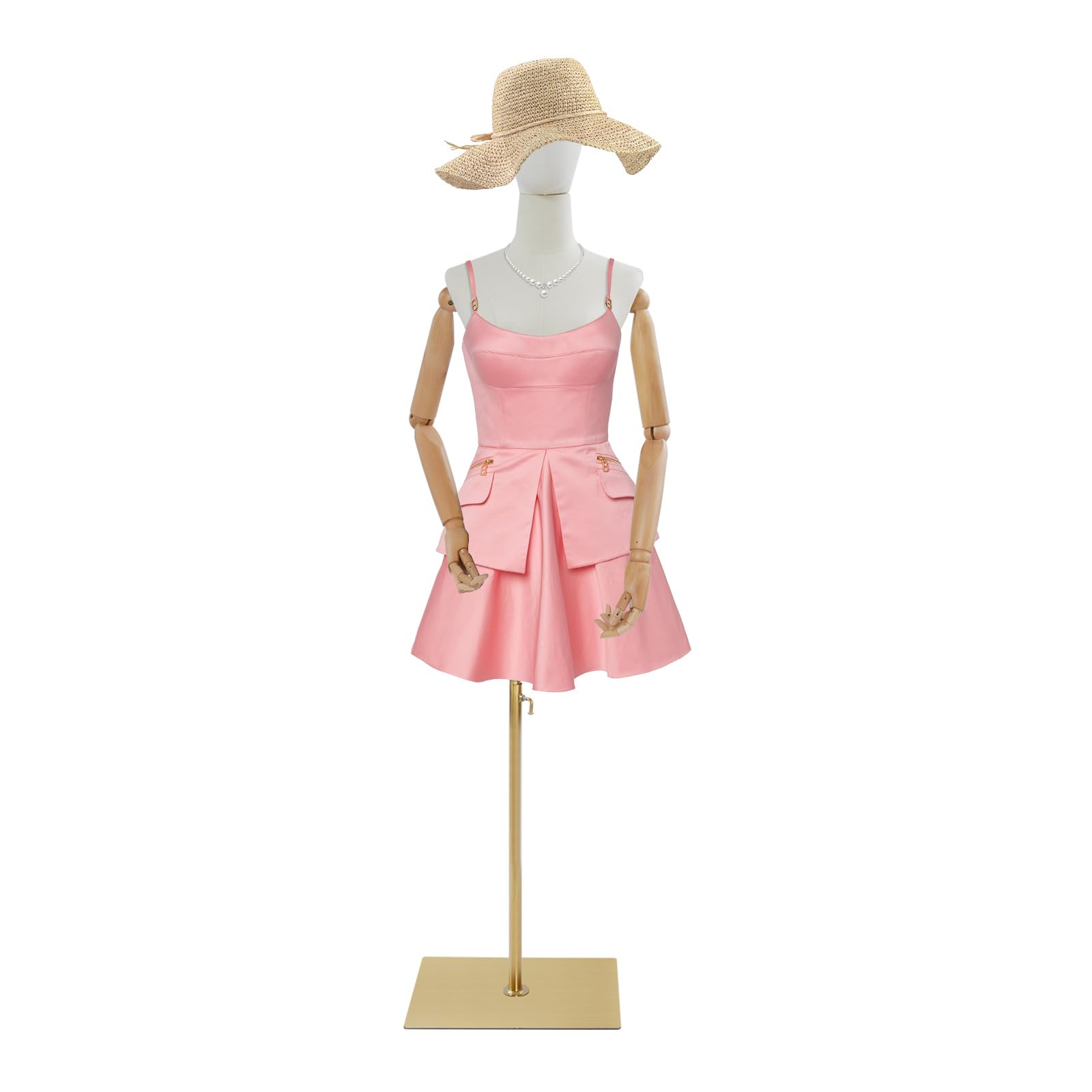 Female Mannequin Dress Form Torso with Detachable Head & Adjustable Wooden Arms, Linen Cover & Gold Metal Base, 55