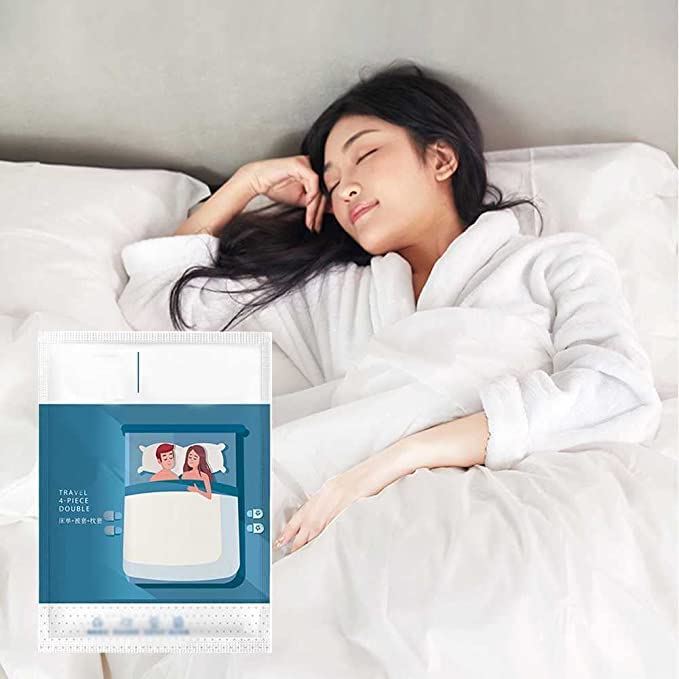 NUJOOM Disposable Bed Sheets,4PCS Quilt Cover and Pillow Case Set Portable Disposable Sheet Ready to use Disposable Thick Non-Woven Fabric Bedding Cover Set for Hotel/Business Trip/Camping(4pcs)