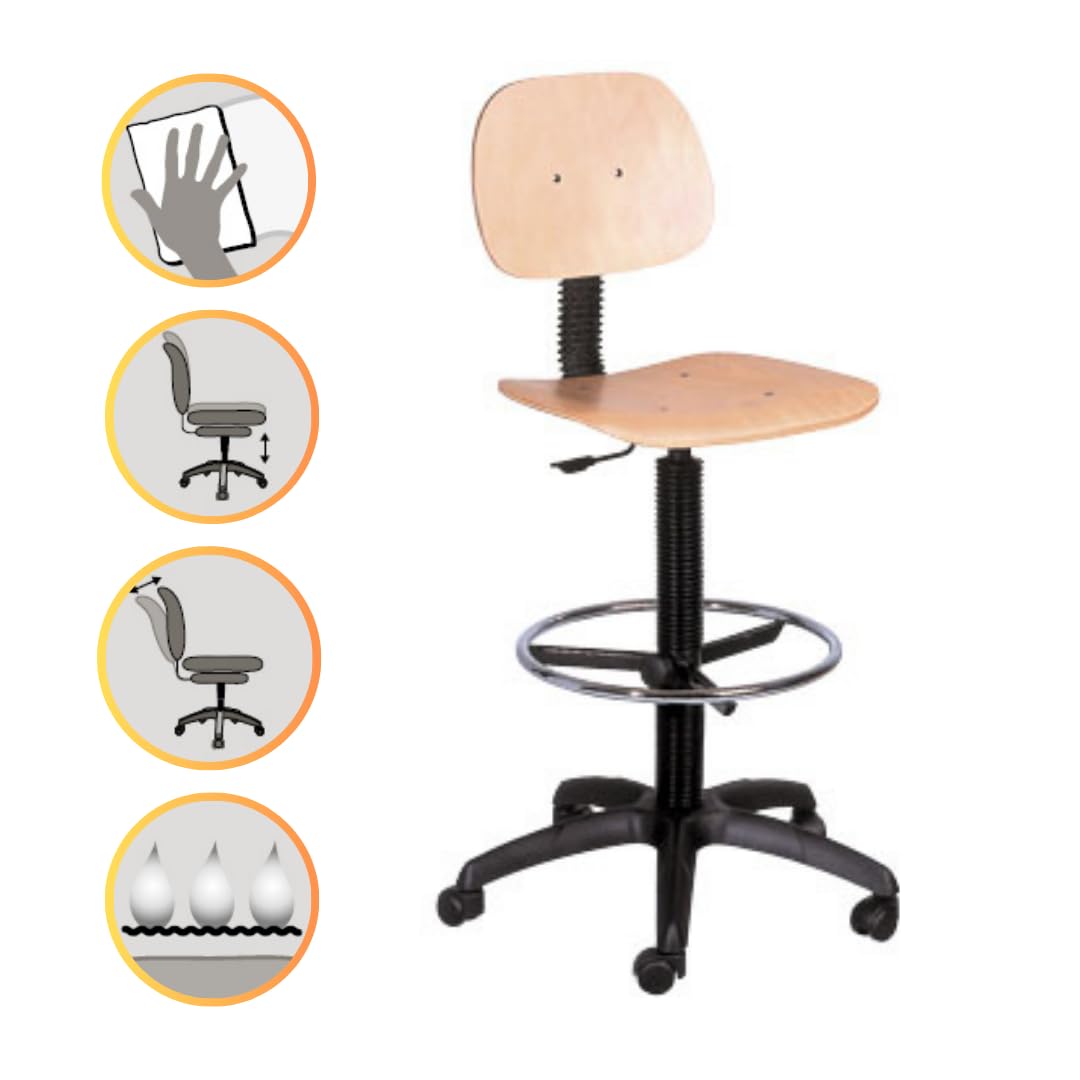 Topsit Silla de trabajo IND104 de madera, haya lacada clara, asiento regulable sin niveles con elevador superior, anillo de pie cromado y base de plástico en cruz