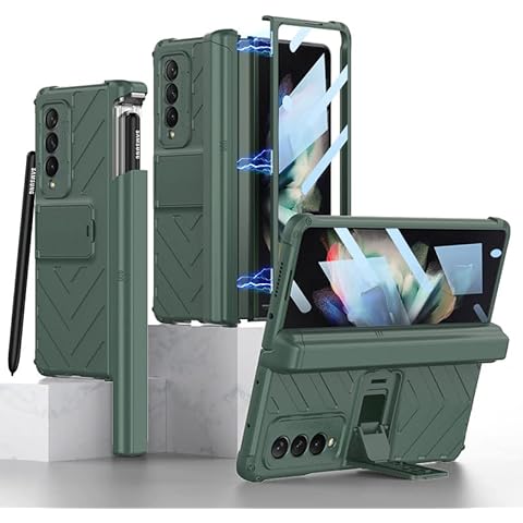 HJCMikee Magnetic Hinge Protection Series Case for Samsung Galaxy Z Fold 3 5G(2021),Builtin S-Pen Slot Hidden Kickstand Front Screen Portector,Full-Body Four-Corner Drop-Proof Smartphone Cover-Green Cover