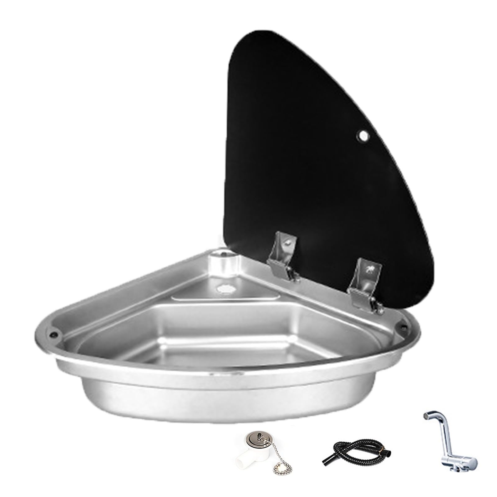 Fregadero Portatil Camping Plateado, Material de Acero Inoxidable 304, Lavabo Caravana con Grifo Plegable y Tapa, Cubeta Individual para Remolques y Caravanas