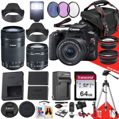 Canon EOS Rebel SL3 DSLR Camera with EF-S 18-55mm f/4-5.6 is STM and EF-S 55-250mm f/4-5.6 is STM Lens + 64 GB Memory + Extra Battery + Filters + More (34pc Bundle) (Renewed), Black