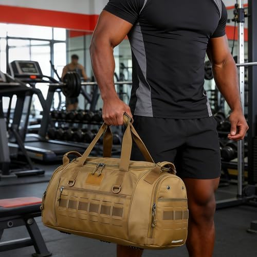 TONRUYN Tactical Gym Bag for Men 45L Military Sport Duffle Bag with Shoe & Laptop Compartment Travel Duffel Bag for Women Weekender Overnight Bags for Fitness Workout Basketball Football, Brown — view 7