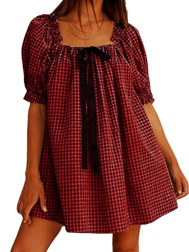 Image of Women Y2k Puff Sleeve Babydoll Dresses Square Neck Tie Back Mini Dress Summer Solid Off Shoulder Flowy Sundress