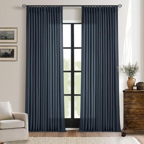 Image of Extra Long Navy Linen Curtains 120 Inches Long Dark Blue Indigo Farmhouse Modern Curtain Light Filtering Semi Sheer Back Tab Pinch Pleat Curtain for Tall Ceiling Living Room Bedroom 2 Panels