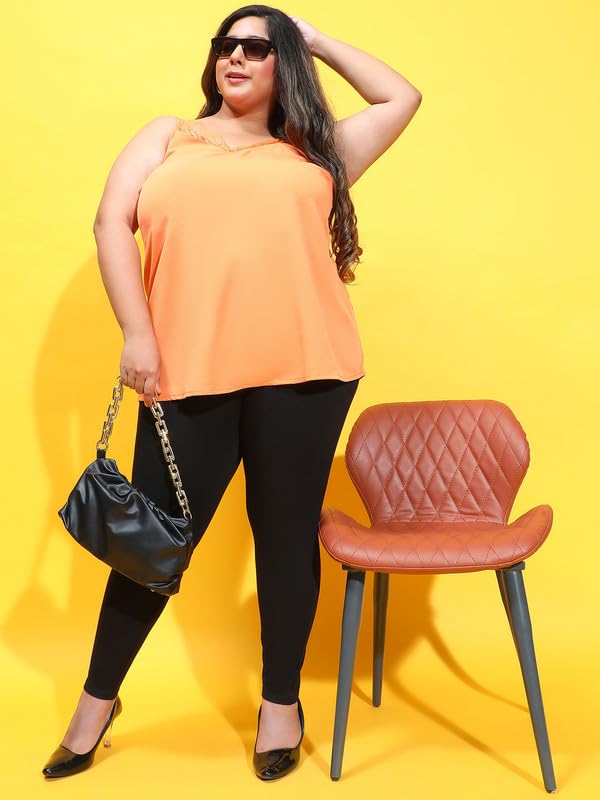 Image of oxolloxo Women Plus Size Soild V-Neck with Lace Detailed Sleeveless Strappy Top
