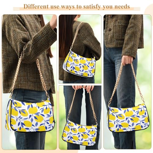 Image of Shoulder Bags for Women Vintage Yellow Lemon Fruit and Blue Print Hobo Tote Handbag Small Clutch Purse with Zipper Closure