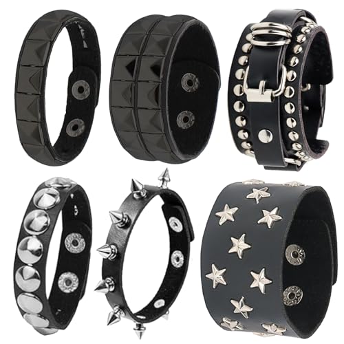 6 PCS Black Studded Leather Rivet Punk Bracelet for Men Women