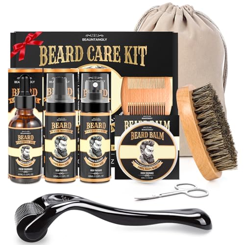 Beard Growth Kit, Beard Care Grooming Set w/Beard Growth Oil, Conditioner, Balm, Shampoo Wash, 0.25MM Roller, Beard Brush, Comb, Scissor, Bag, Christmas Birthday Valentines Day Gifts for Him Men