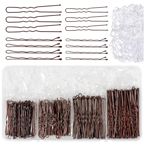 370 Pièces Epingle Cheveux Femme, Métal épingle à Cheveux, 5cm 6cm 7cm U Pince a Chignon Pinces à Cheveux, pouce Bandes de Cheveux Transparentes, avec Boîte de Rangement-marron