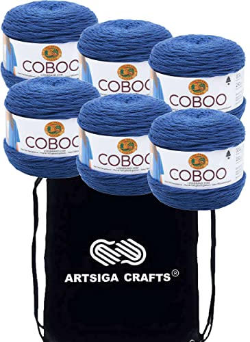 Lion Brand Coboo Steel Blue 835-109 (6-Skeins - Same Dye Lot) DK Light Worsted #3 Cotton, Bamboo Yarn for Crocheting and Knitting with Project Bag