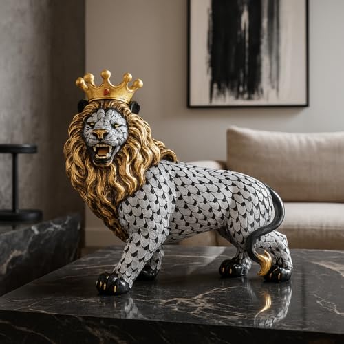 Image of Xtore Regal Lion with Crown Figurine | Resin Home Decor Accent | Unique Art Piece for Living Room, Office, or Shelf | Symbol of Strength and Royalty | Luxurious Animal Decor