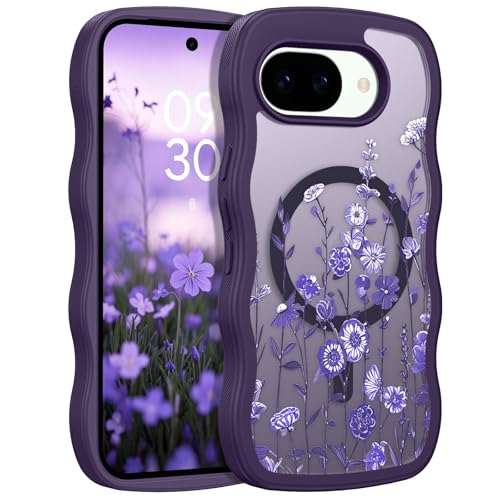 GUAGUA for Google Pixel 10a Case, Magnetic Cases Cute Flower Pattern Wavy Edge Full Camera Protection Anti-Slip Bumper Women Girls Boys Slim Protective Phone Case for Google Pixel 10A 6.3'', Purple