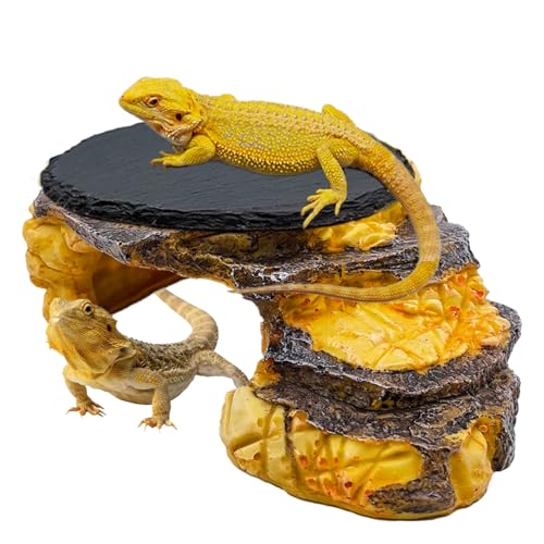 JWIZYOTR Bearded Dragon Basking Platform, Turtle Basking Platform Decorative Reptile Hideout with Rock Slate Plate in Terrarium for Lizard, Leopard, Crested Gecko(Large-Yellow)