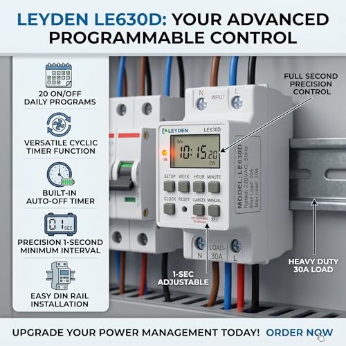 Image of LEYDEN LE630D, 30A 220VAC Digital Timer Switch 20 ON /Off Programs Daily /Weekly, 1-Second Interval Cyclic & Delay Function (1s-24h) for Bell, Siren, Lights, Motors, Fans, Heaters, Irrigation & Fogger