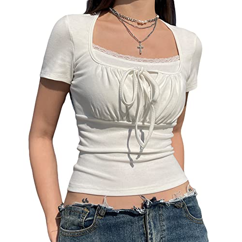 Women Y2k Fairy Grunge Shirts Square Neck Lace Collar Tops Teen Girls Vintage Aesthetic Graphic Clothes