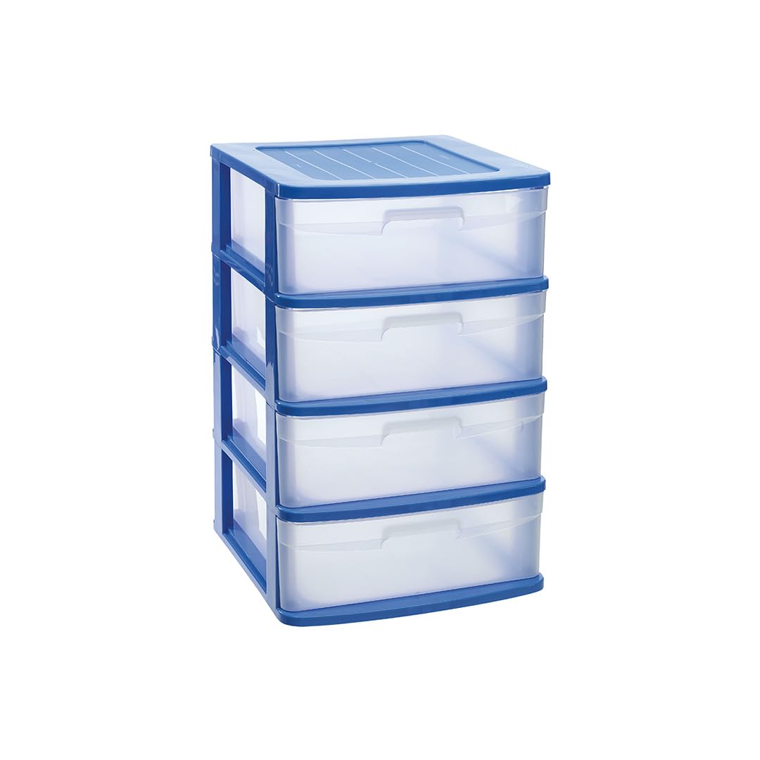 Large Plastic 4 Drawer Storage Tower Unit Chest Home Office School (Blue)
