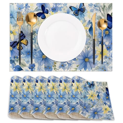 Blue Butterflies Placemats Set of 6,12x18 Inch Table Mats for Flowers Kitchen Table Washable Farmhouse Linen Table Mats Dining Decoration