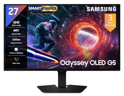 Samsung 27" Odyssey QD-OLED G5 Gaming Monitor (Smartchoice) |QHD 2560 x 1440|180 Hz|0.03ms|Pantone-Validated|G-Sync|Free Sync|Glarefree|Ports-DP,HDMI,