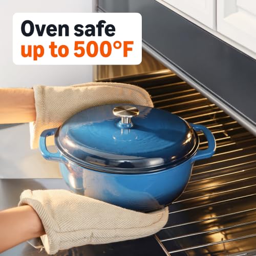 Image of Amazon Basics Enameled Cast Iron Dutch Oven Pot with Lid, Round, Dual Handles, Heavy-Duty, Oven Safe for Stews, Roasting, Baking, 6-Quart, Blue