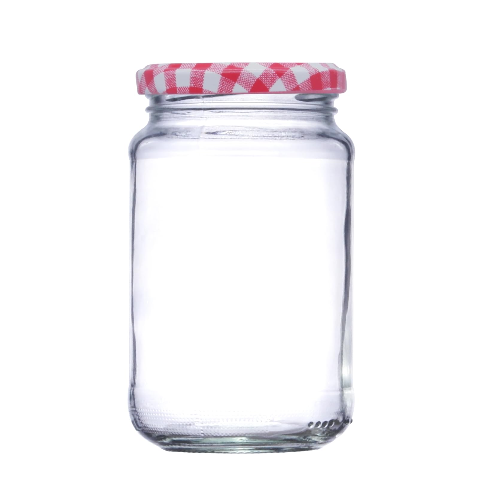 12oz Traditional Glass Jam Jars (296ml), Jar for Preserves, Marmalade, Honey, Chutney & Curds (Red Gingham Lid, Pack of 36)
