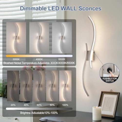 Image of Battery Operated Wall Sconces Set of 2,Dimmable Rechargeable Wall Sconce with Remote Control,Brushed Nickel Wireless Wall Light for Living Room Bedroom Hallway (Brushed Nickel, 39.37 Inches (2 Packs))