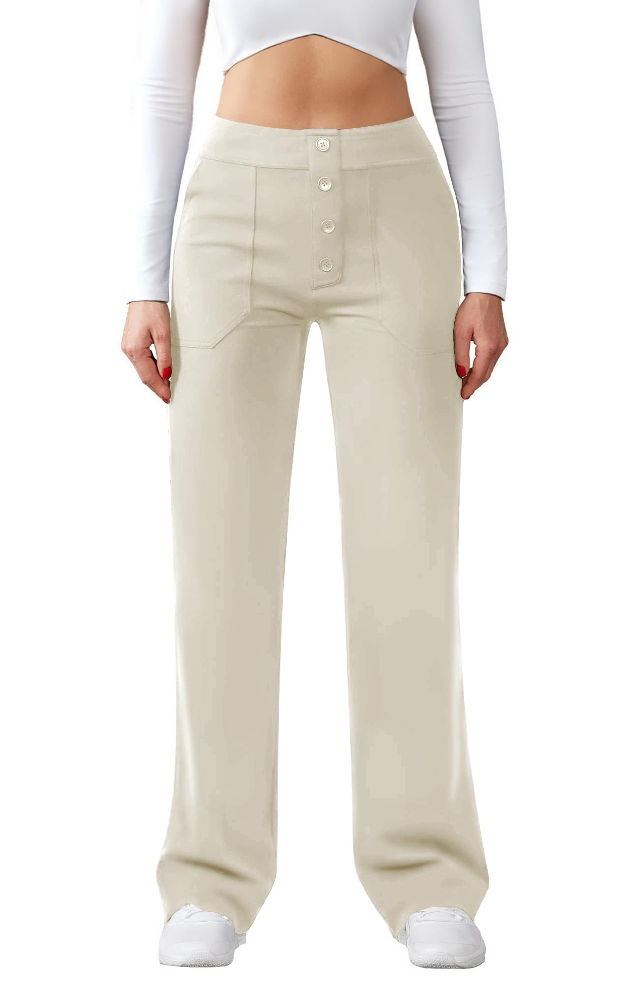 JEKAOYI Womens Casual High Waist Straight Leg Pants Stretchy Button Business Dress Work Pocket Trousers