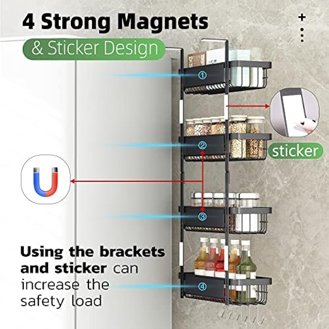 Warome Magnetic Spice Rack for Refrigerator, 4 Pack Shelves with 6 Utility Hooks, Kitchen Organization and Storage Gadgets